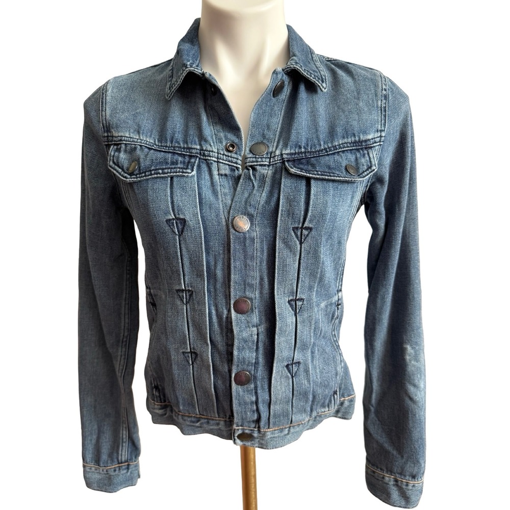 Vintage Volcom Denim Trucker Jacket Medium Wash Crochet Lace Back Pleated Blue S